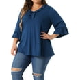 thumbnail image 4 of Blusa elegante casual de mujer plus size Agnes Orinda con volantes, manga 3/4, escote en V, talla 1X, color azul, 4 of 6