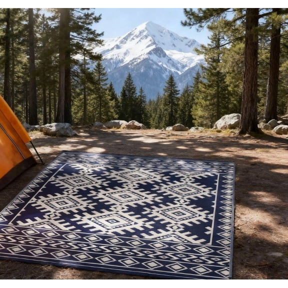 9' x 12' Blue & White Rhombus Border Reversible Outdoor Rug, Waterproof Patio Camping Carpet with Carry Bag, Foldable Portable RV Mat