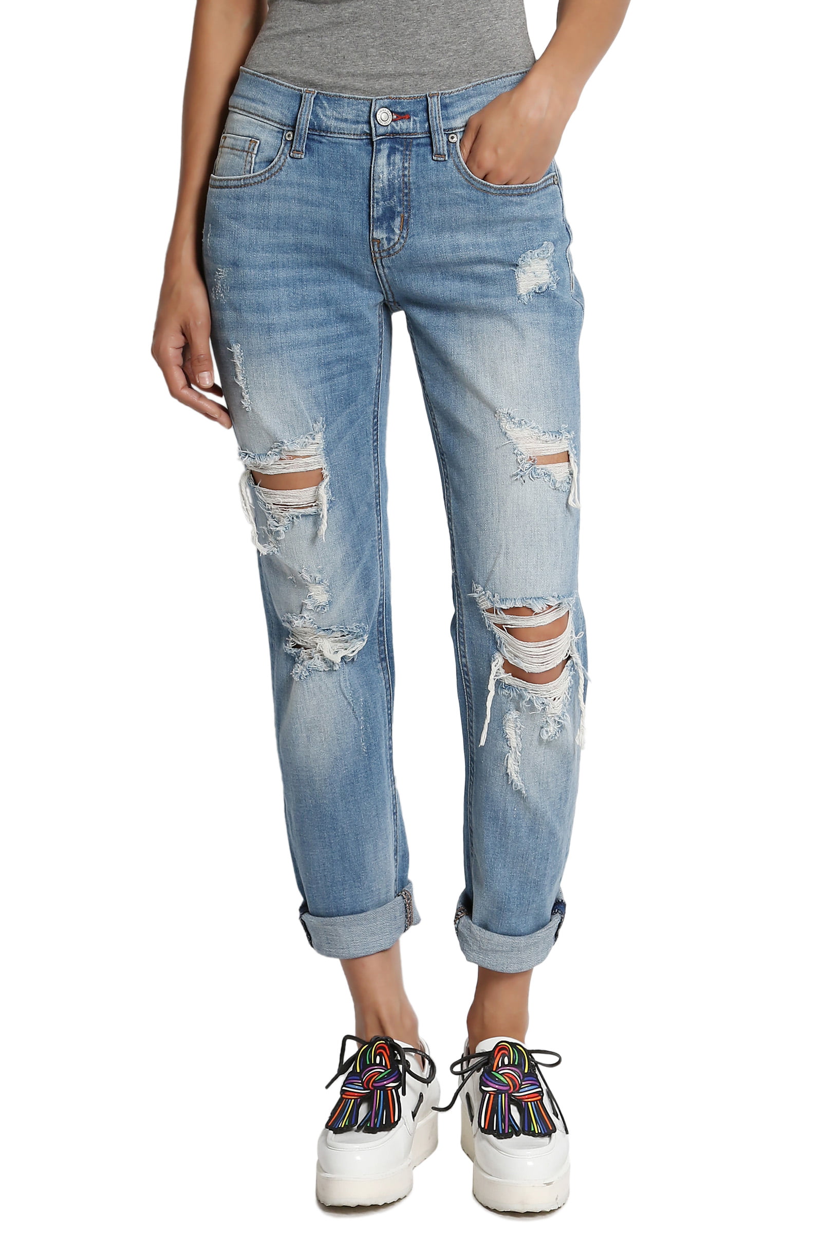 Themogan Womens Distressed Destructed Washed Denim Mid Rise Relaxed