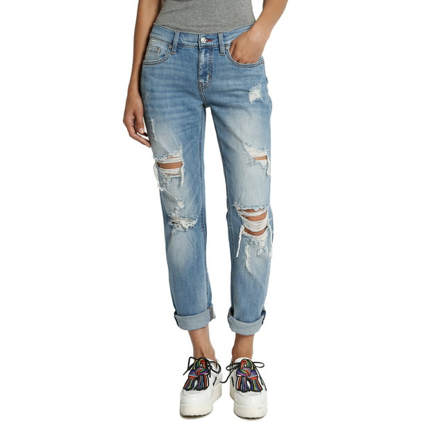 TheMogan Women's Distressed Destructed Washed Denim Mid Rise Relaxed ...