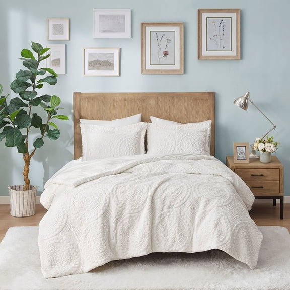 Madison Park Bedding King Size Modern Bedroom Decor Embroidered Medallion Soft Faux Fur Duvet Cover Set, Ivory