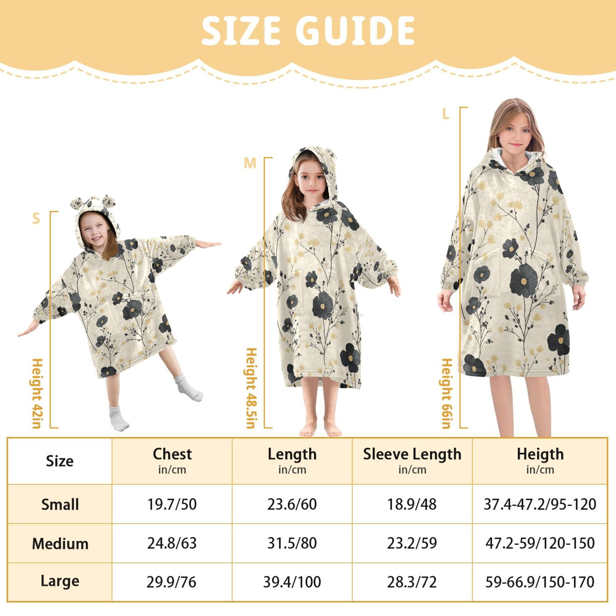 FORMRS Wearable Blanket Hoodie with Sleeves for Kids Cozy Flannel Sweatshirt, Small Black Flowers