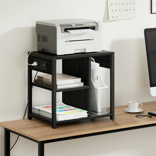 Removable Desktop Printer Stand with Charging Station, 3 Tier Under Desk Rolling Printer Table Printer Cart with Storage Shelf and Wheels