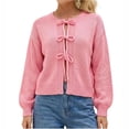 thumbnail image 2 of TGSLY Women's Tie Front Bow Cardigan Sweaters Lightweight Soft Crew Neck Long Puff Sleeve Knit Tops Loose Causal Solid Color Cropped Cardigans M, 2 of 7
