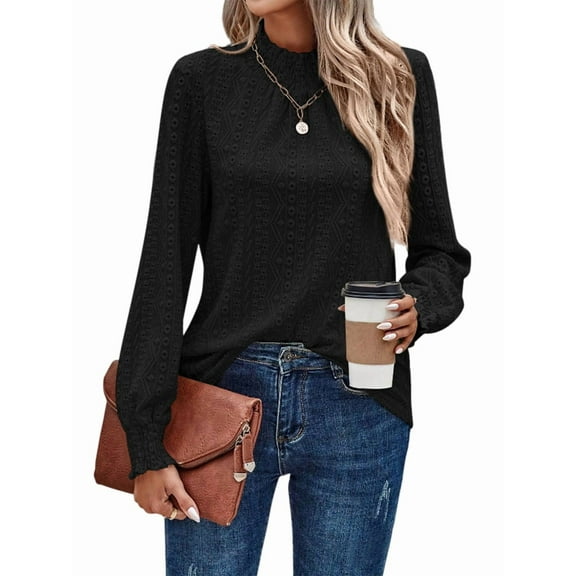 Womens Eyelet Mock Neck Long Sleeve Shirts Top Dressy Casual Trendy Business Stretch Hollow Out Tee Black S
