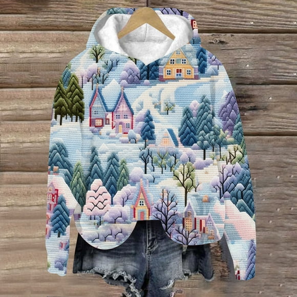 Amzcrzy Hoodies for Women Christmas Hoodie Women's Christmas Printed Round Neck Long Sleeved Top Loose Fitting Sweater Pullover Hoodie Women's Sweatshirts and Hoodies L