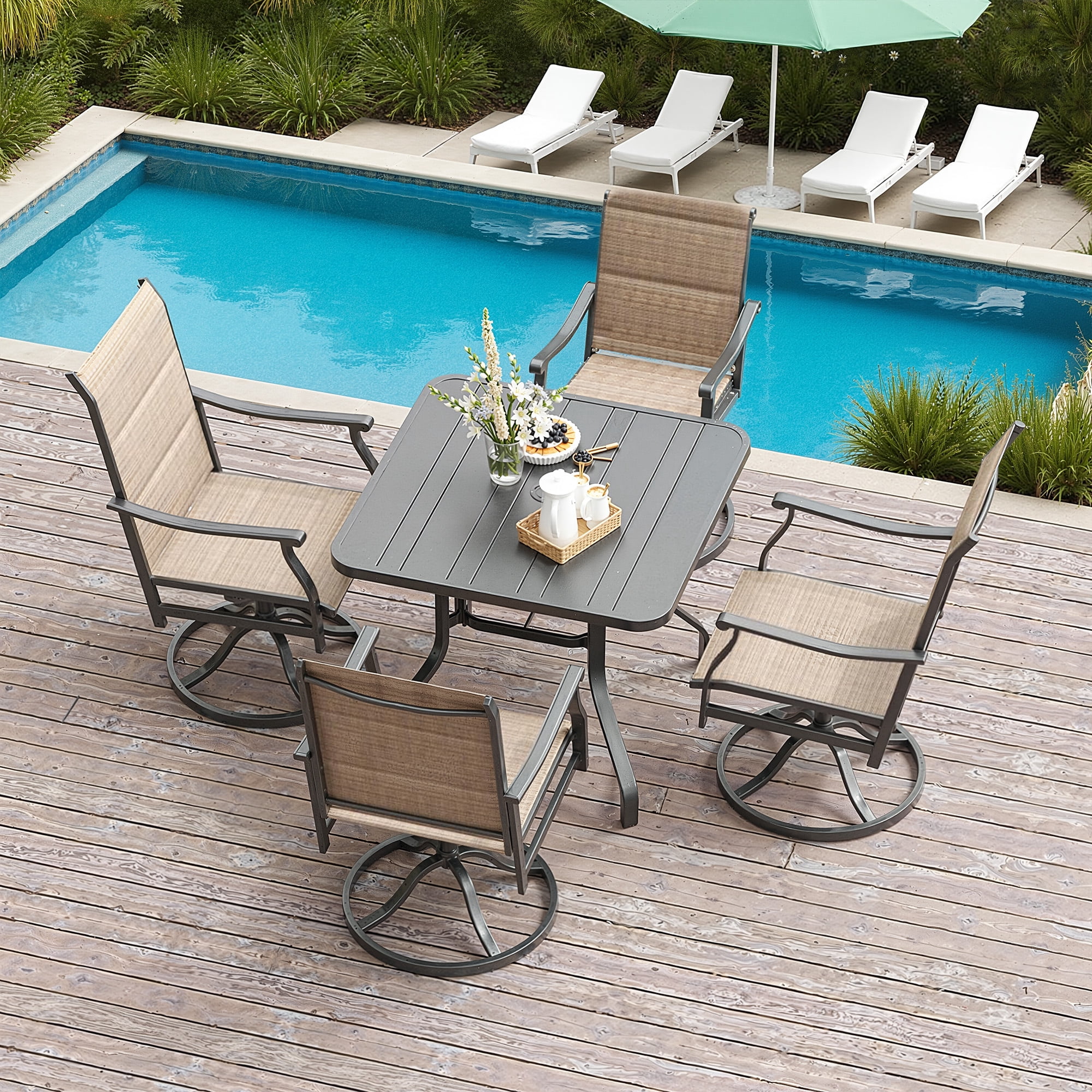 MAYEERTY 4-Piece Outdoor Swivel Dining Chairs with Padded Textilene Fabric for Backyard & Patio, Brown