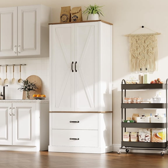 White Kitchen Pantry Cabinet with 2 Drawers, Farmhouse Tall Storage Cabinet, Wood Food Pantry with Barn Doors and Adjustable Shelves Versatile Storage Freestanding Cupboard for Kitchen