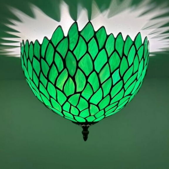 Tiffany 12-Light Green Stained Glass Leaves Ceiling Light with Leaves Glass
