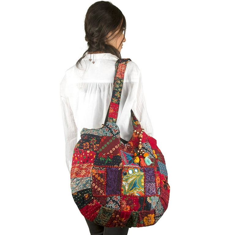 Tribe Azure Floral Embroidered Blue Shoulder Tote Bag Boho Gypsy Hippie  Cotton Lightweight Roomy Spacious Cute Colorful School Laptop Books Large