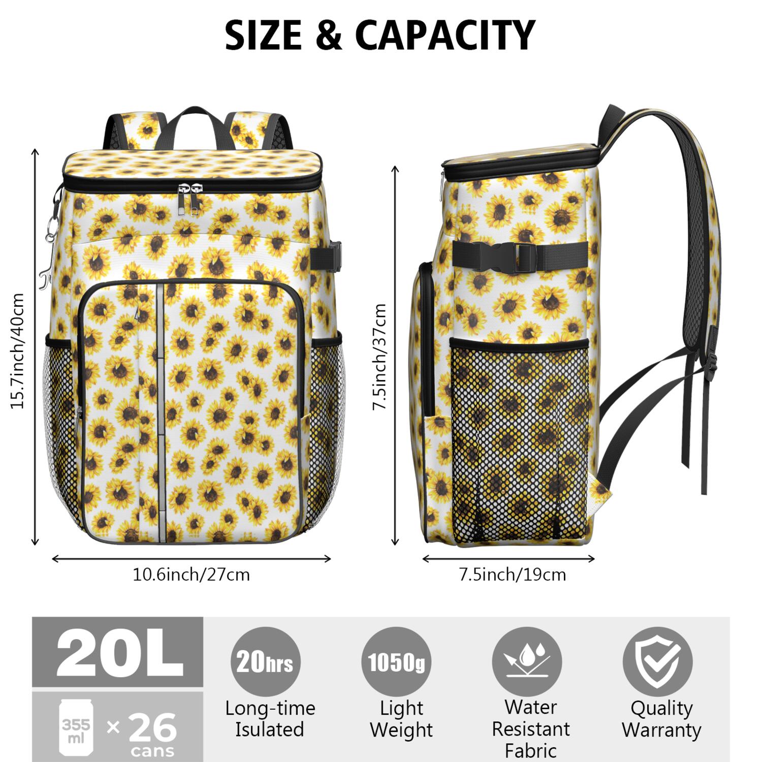Travel Cooler Bag - White Sunflower Camping Beer Cooler Backpack with Bottle Opener- Waterproof Insulated Picnic Backpacks - Cooler Bag for Beach