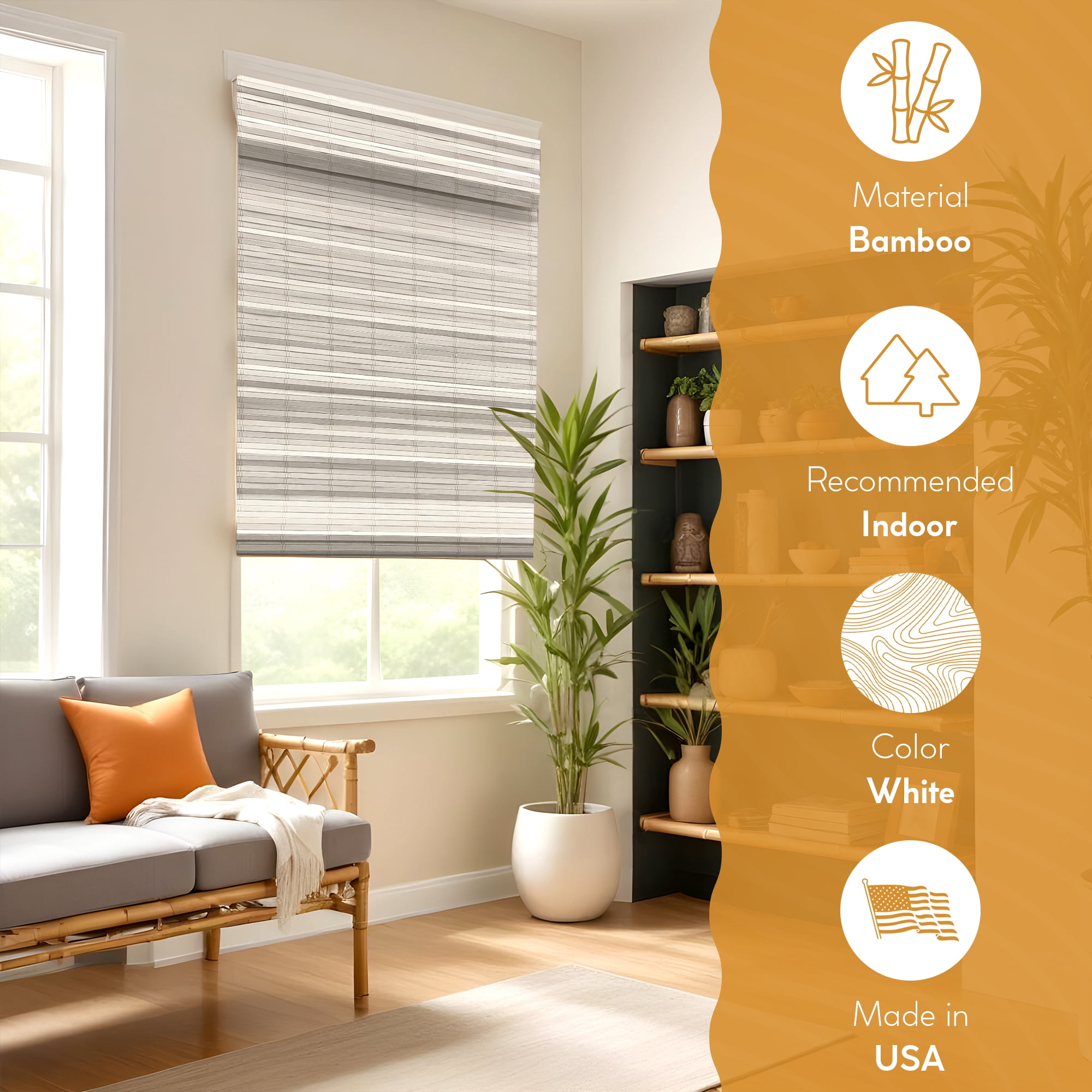 Cordless 64-in Long Distressed White Brooklyn Flatstick Bamboo Roman Shade 40 - 49 Inches 46 in. W x 64 in. L