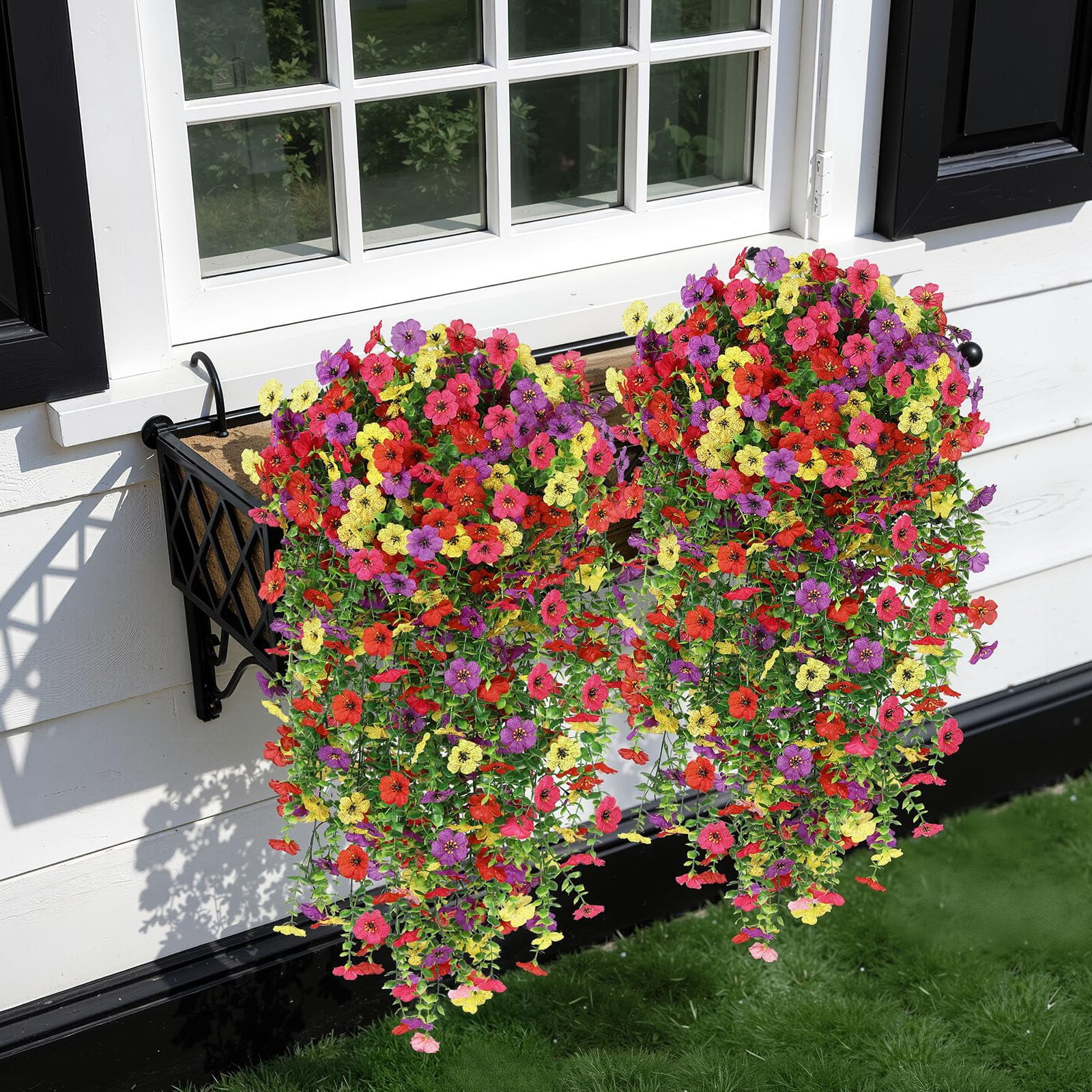 Alupssuc 4 Pcs Artificial Spring Flowers, UV Resistant Fake Hanging Plants Faux Silk Violets for Outdoors Decoration, Red, Rose, Purple, Yellow