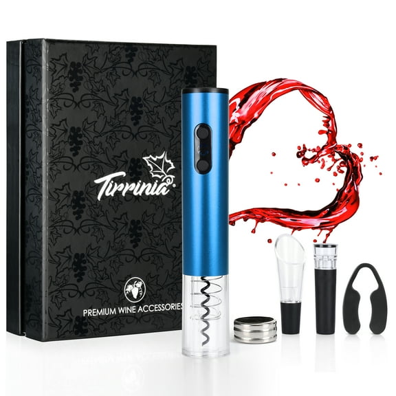 Tirrinia Electric Wine Opener Set 5-in-1, Wine Bottle Cork Remover Accessory Tool Kit with Wine Aerator Pourer,Foil Cutter, Drip Ring and Vacuum Stopper, Perfect Wine Gift, Blue