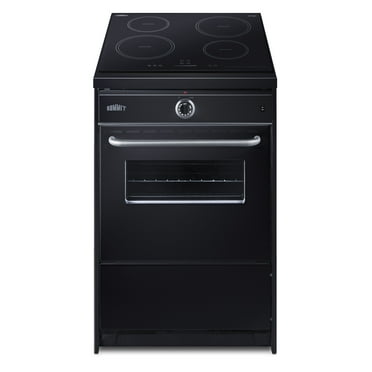 24" wide slide-in style 220V electric range in black with induction cooking surface, oven window, and lower storage compartment; made in the USA