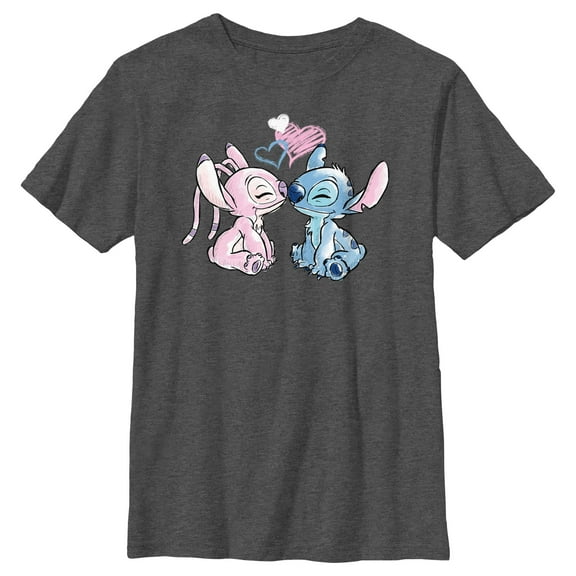 Boy's Lilo & Stitch With Angel Couple Graphic Tee Charcoal Heather Medium