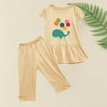 thumbnail image 4 of Odeerbi Toddler Girls 2 Piece Outfits Ruffle Tops Capris Set Summer Clothes Floral Print Round Neck Short Sleeve Flying Sleeves Top Elastic Waist Cropped Pants Two-piece Set Khaki, 4 of 5