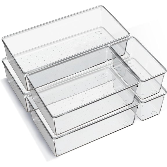 6 Pack Clear Drawer Organizer Trays, Acrylic Non-Slip Storage Bins for Kitchen Utensils, Makeup & Office Desk