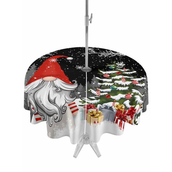 Outdoor Tablecloth with Umbrella Hole and Zipper, Black Red Christmas Round Table Cloth 60 Inch Waterproof Tablecloth, Gnomes Xmas Tree Snowflake Winter Gifts Picnic Table Cover for Patio Camping