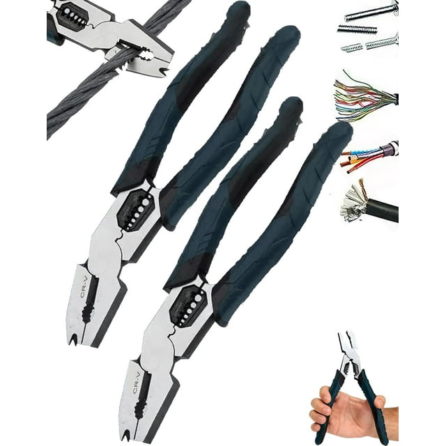 Industrial-Grade Multi-Function Cutting Pliers, 9-in-1 Multi-Functional Pliers Nail Puller, Heavy-Duty Offset Industrial MultiFunction Wire Cutter, High Leverage CR-V Stripper for Repair (2PCS)