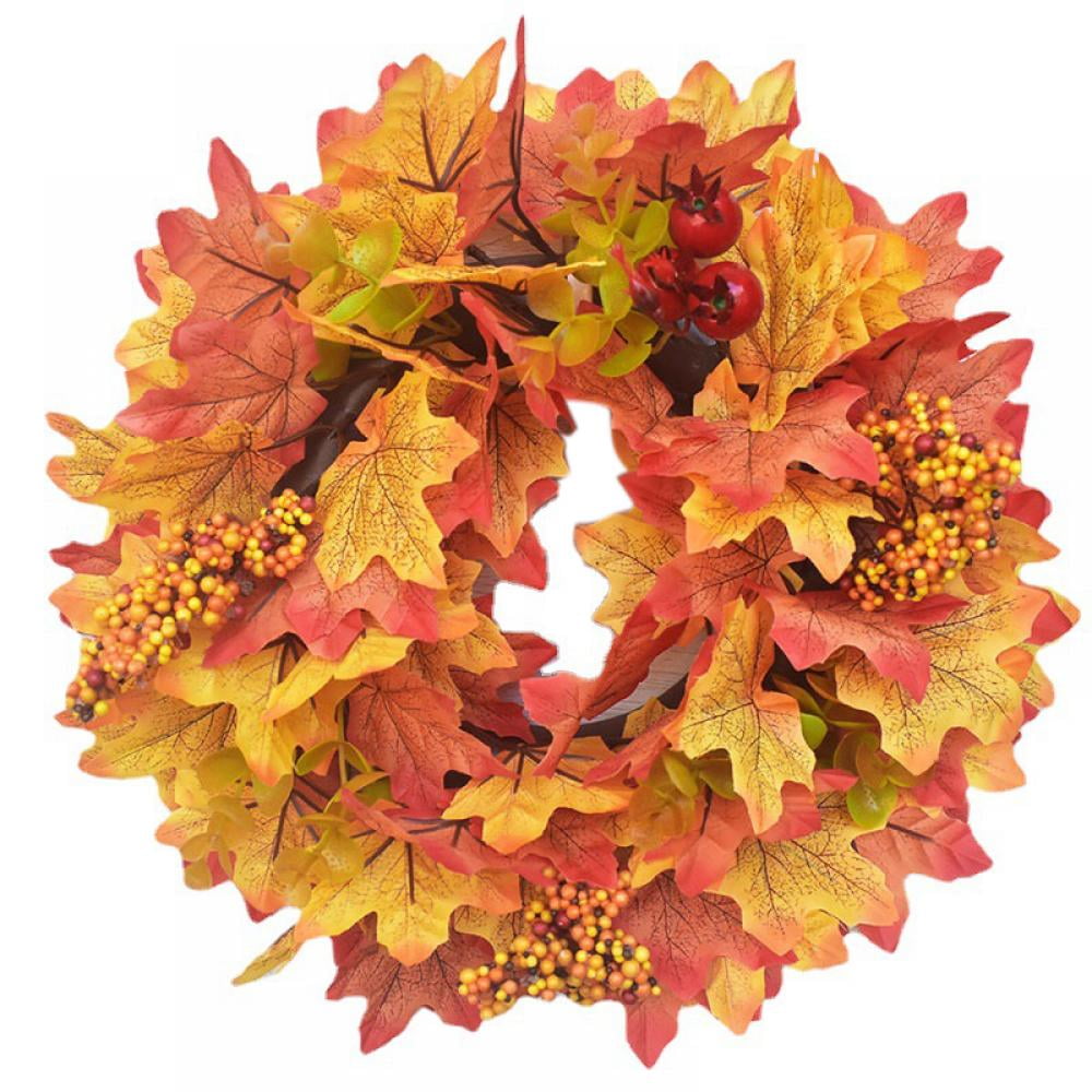 12 Inch Thanksgiving Wreath with Berries and Maple Leaves, Harvest Day Hanging Silk Fall Door Wreath Welcome Sign for Garden Gate Home Thanksgiving Decorations