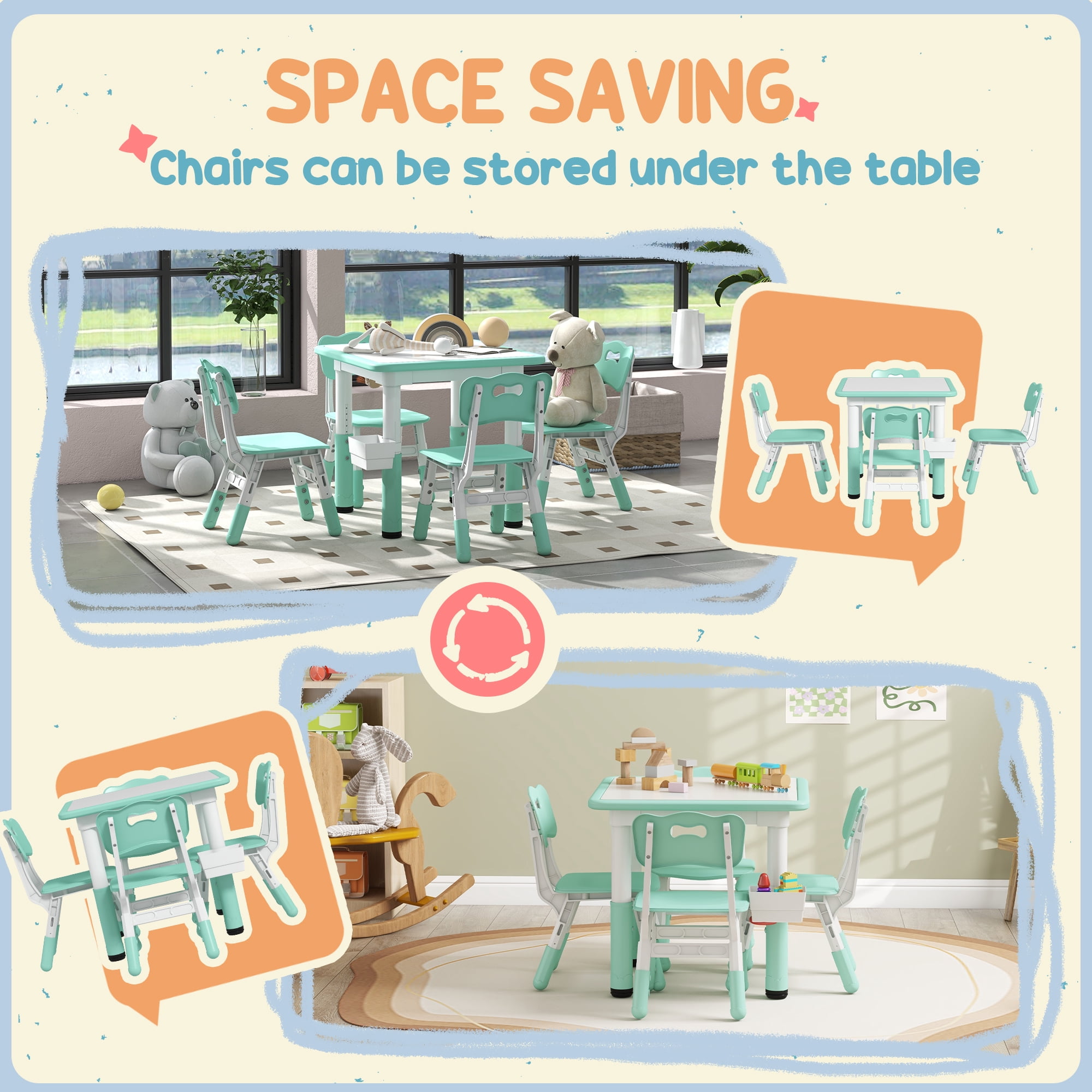 Qaba 5 Piece Height Adjustable Kids Table and Chair Set with Storage, Green