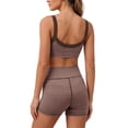 thumbnail image 5 of GILIGEGE Women Striped 2 Piece Workout Outfit,Square Neck Padded Sports Bra High Waist Biker Shorts Set with Pockets,Buttery Soft Stretchy Yoga Sets for Running Training Athletic Activewear Coffee, 5 of 5