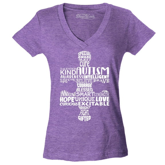 Shop4Ever Women's Autism Awareness Puzzle Piece Word Cloud Slim Fit V-Neck T-Shirt Large Heather Purple