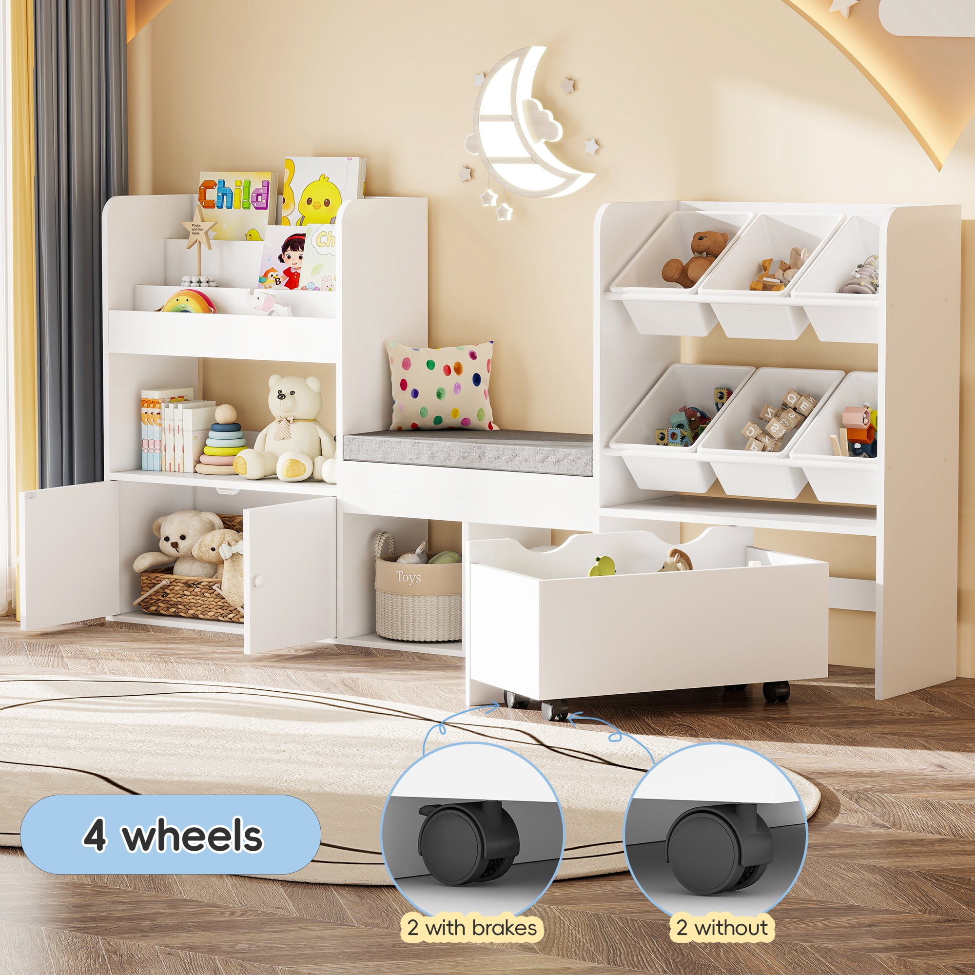 Reasea Kids Bookshelf with Reading Nook & Storage Bench, 73 Inch Toy Organizer with Movable Drawer & 6 Removable Bins, Montessori Reading Corner Furniture for Playroom & Bedroom