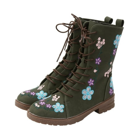 DVKOVI Womens Dress Shoes Calf Boots for Women Retro Printed Embroidered Women s Heel Monochrome Fashion Short Boots Soft Insole Warm Breathable Lining for Ladies Fall Winter AG 40