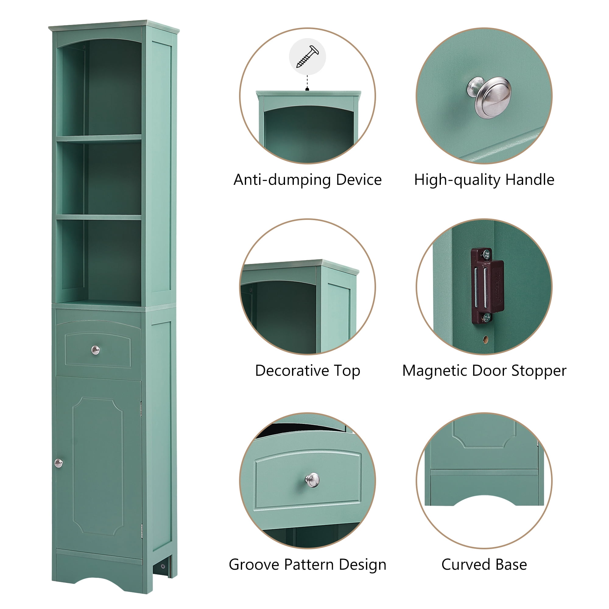 EUROCO Bathroom Storage Cabinet,Wood Linen Cabinet, Narrow Tall Cabinet Storage Tower with Adjustable Shelves,Door and Drawer,Green