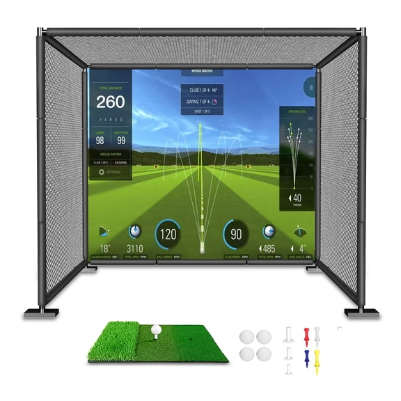 YUNIC Golf Driving Cage with Simulator Impact Screen, Metal Frame & Hitting Mat for Indoor Office, Home & Garage Training - Clear Impact Screen