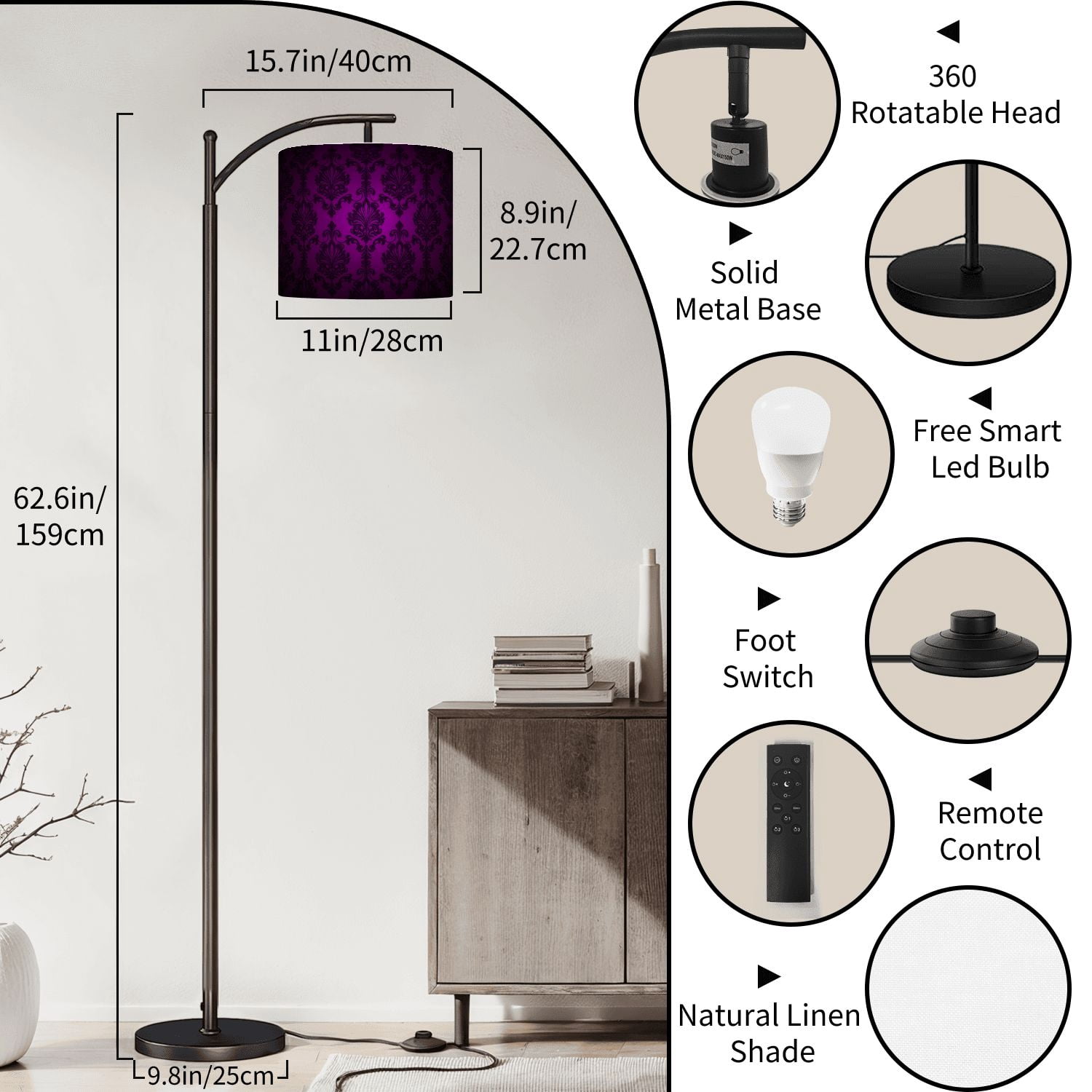 Arc Floor Lamp Royal vintage Gothic dark purple black Royal Tall Modern Standing Lamp LED Adjustable Linen Lampshade 3 Color Temperatures