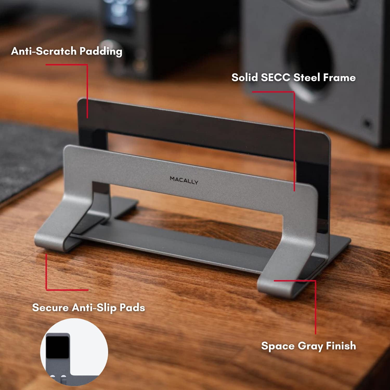 Macally Vertical Laptop Stand - Adjustable Holder For Desks, Saves Space, Improves Airflow, Silver