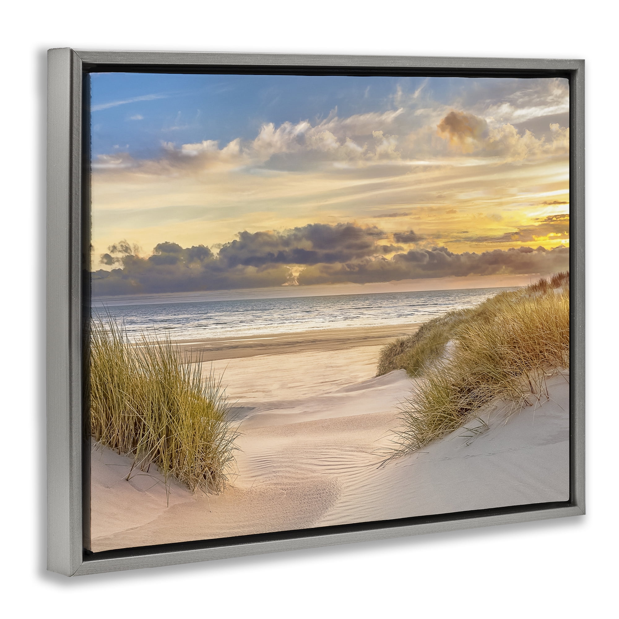 Stupell Industries Serene Beach Between Dunes Landscape & Nature Photography Gray Floater Framed Canvas Art Print Wall Art, 21 x 17