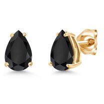Gem Stone King 14K Yellow Gold Black Onyx Double Notch Stud Earrings | 2.18 Cttw | Gemstone December Birthstone | Pear Shape 8X6MM | Gold Earrings for Women Men
