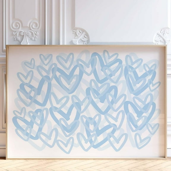 Miluva Blue Preppy Hearts Print, Trendy Wall Art, Girly Dorm Room Decor, Apartment Aesthetic, Abstract Hearts Printable Poster, Decor For Living Room Bedroom, 8x12 UNFRAMED