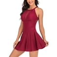 thumbnail image 4 of GEWSEY Women One Piece Swim Dress Tummy Control Swimdress Swimsuit Bathing Suit High Neck Mesh Swimwear (Red, M), 4 of 7