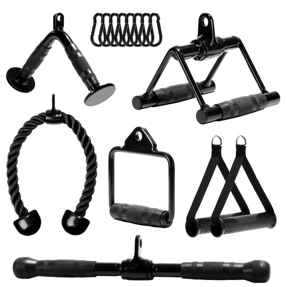 Yes4All Combo 7-Piece Cable Machine Attachments with D Handles, Includes Tricep Rope, V Bar, Double D Row Handle, Straight Bar, Single D Handle & Carabiners