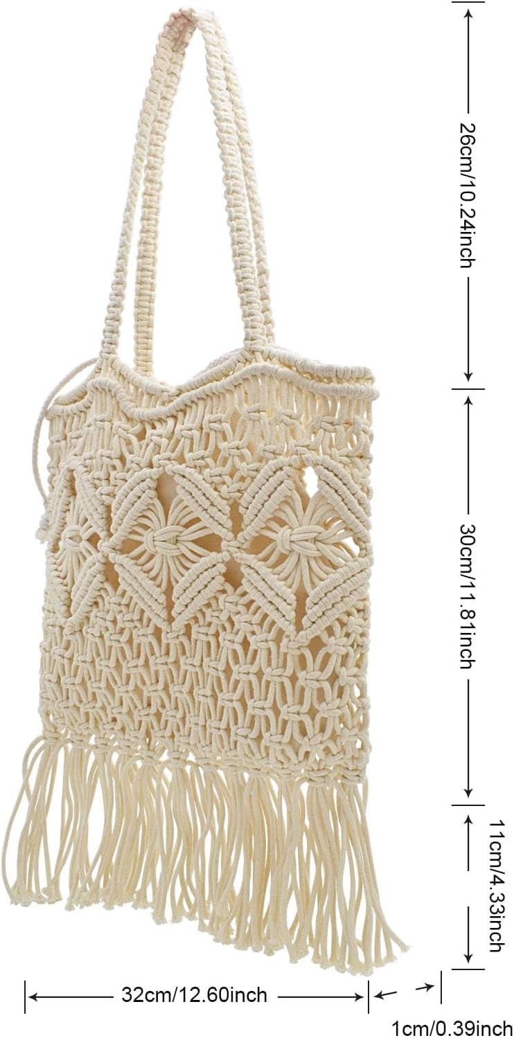 Boho Crochet Summer Handbag Handmade Cotton Rope Knit Shoulder Bags for Women Bohemia Tote for Travel