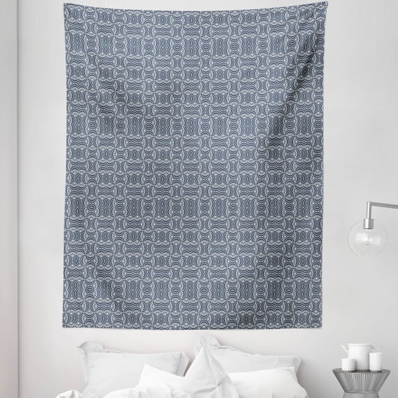 Eastern Tapestry, Wavy Pattern with Sprouts Spring Theme Floral Eastern Pattern, Fabric Wall Hanging Decor for Bedroom Living Room Dorm, 5 Sizes, Charcoal Grey Dark Blue, by Ambesonne
