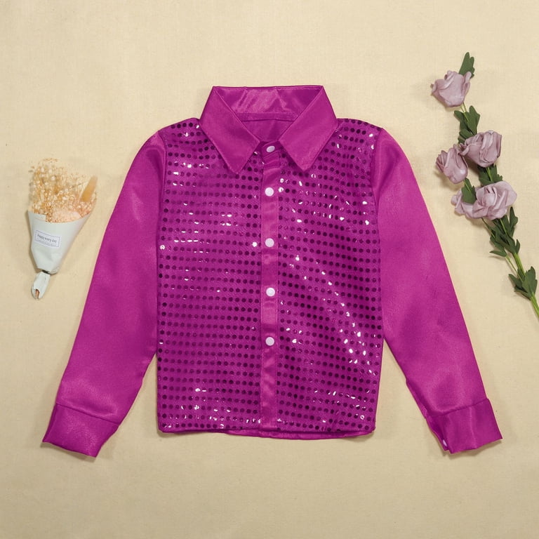 FAOWME Kids Girls Sparkly Sequins Dance Tops Boys Long Sleeve Button Down  Shirt For Jazz Dance Performance Hot Pink 5-6 Years - Walmart.com