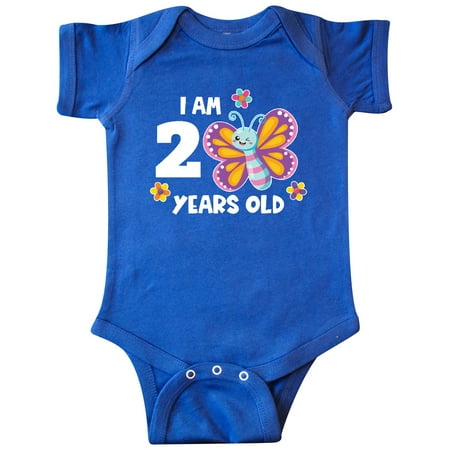 

Inktastic I am 2 Years Old Cute Smiling Butterfly with Flowers Gift Baby Girl Bodysuit