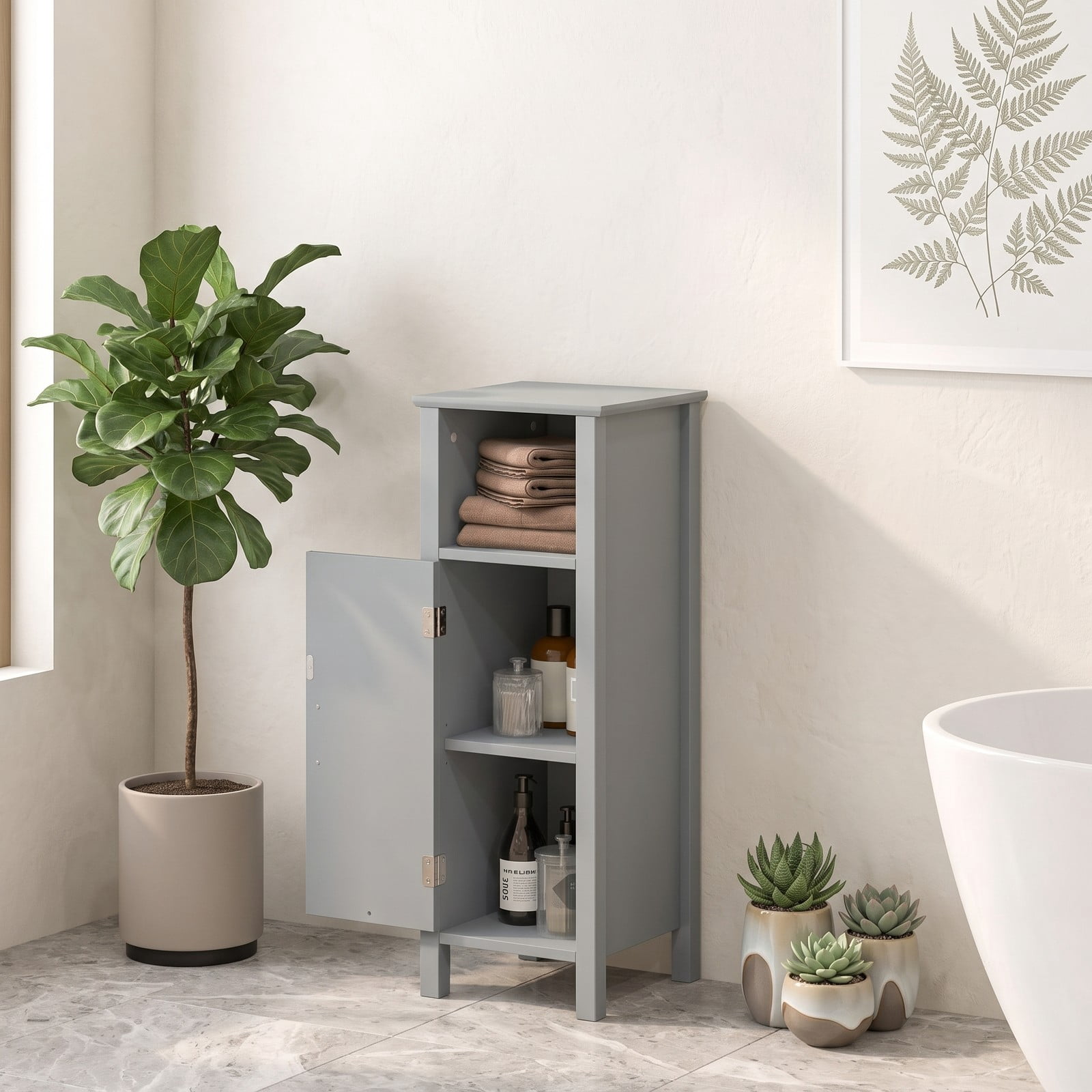 Fenbeli Freestanding Bathroom Storage Cabinet, 2-Tier Floor Organizer with Open Shelf and 1-Door Compartment, Anti-Tip MDF Corner Storage Unit for Bathroom, Gray