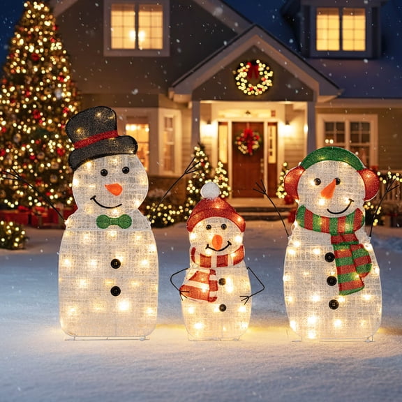 Costway 3PCS Pre-Lit 2D Snowman Set with LED Lights for Home Lawn Yard Garden