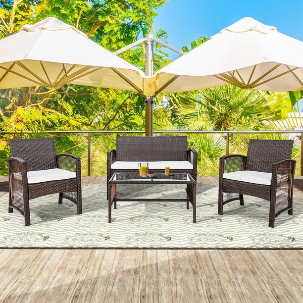 Rattan Patio Furniture Sets Clearance 4 Piece Outdoor Conversation Sets Wicker Bar Set With 2 Arm Chairs 1 Loveseat Coffee Table Patio Dining Sets For Backyard Porch Poolside Garden Brown W7781