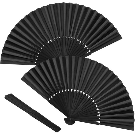 2 Pack Bamboo Silk Folding Fan Handheld, Chinese Vintage Retro Fabric Fans, Black Hand Fan for Performance, Dance, Fighting, Wedding, Church, Party & Gift