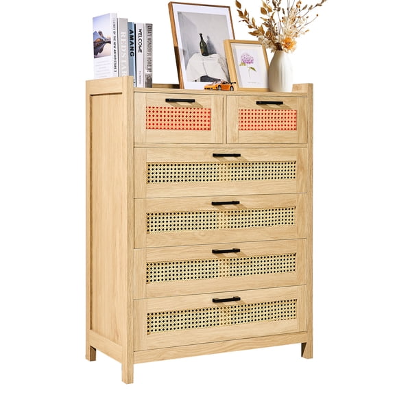 VEVOR 5 Drawer Rattan Dresser, Boho Dresser, Rattan Chest of Drawers with Spacious Storage, Natural Rattan Dresser for Bedroom,Living Room & Hallway,Rattan Nightstand with Sturdy Handles&Legs,Brown