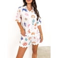 thumbnail image 3 of Niusricy Women's Summer Loungewear Set Ladies Short Sleeve T-Shirts Lapel Button Shirts Fashion Print Tops with Ric Rac Trim Shorts Junior Girls Funny Graphic Sleepwear Outfits for Daily Vacation, 3 of 7