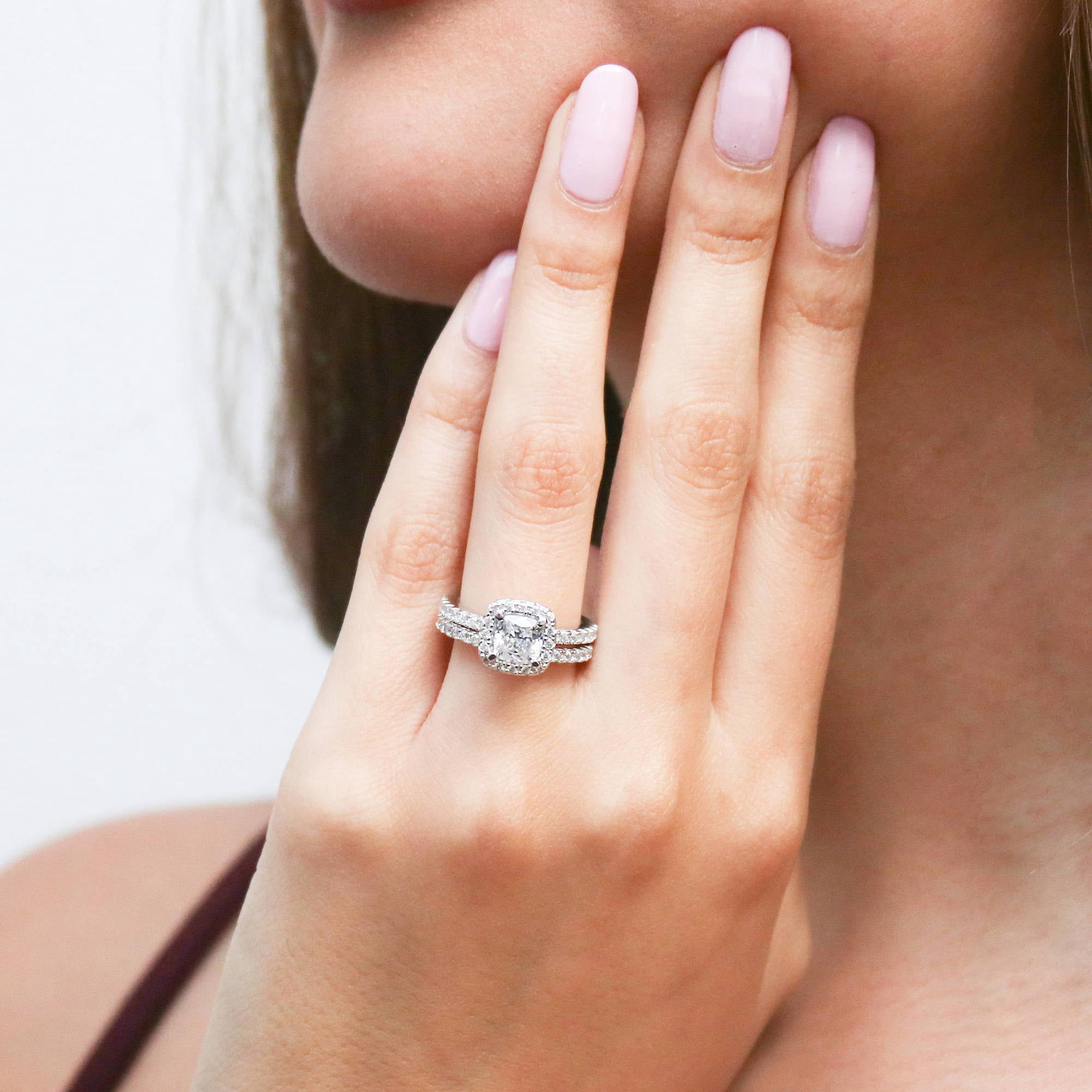 BERRICLE Sterling Silver Halo Wedding Engagement Rings Cushion Cut Cubic Zirconia CZ Ring Set for Women, Rhodium Plated Size 8.5